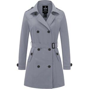 Women's Grey Waterproof Trench Coat with Classic Lapel and Belted Design
